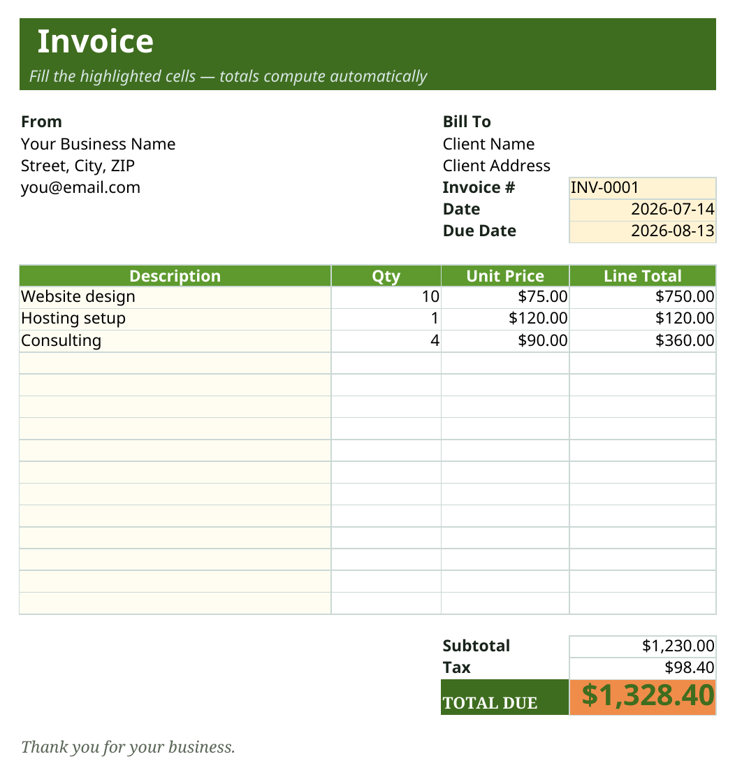 Invoice template with from and bill-to blocks, line items, and auto-calculated subtotal, tax and total due