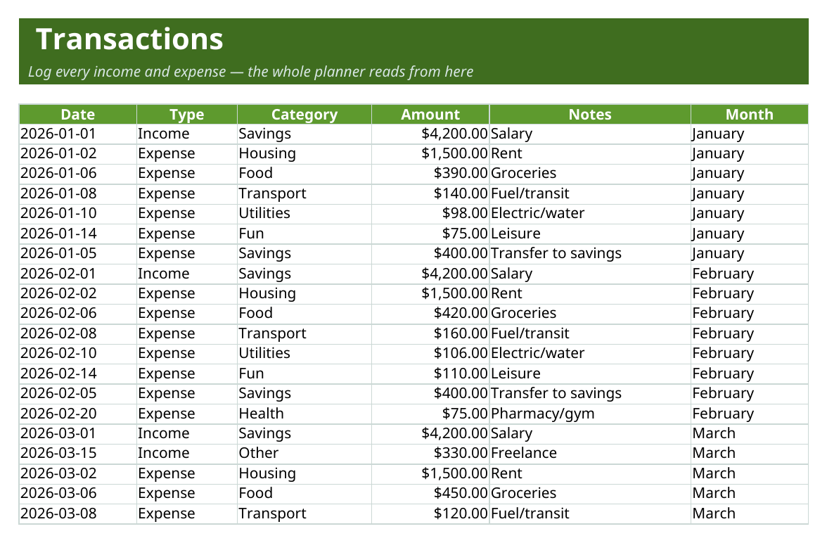 Transactions sheet with date, type, category dropdowns and amounts, pre-filled with sample data